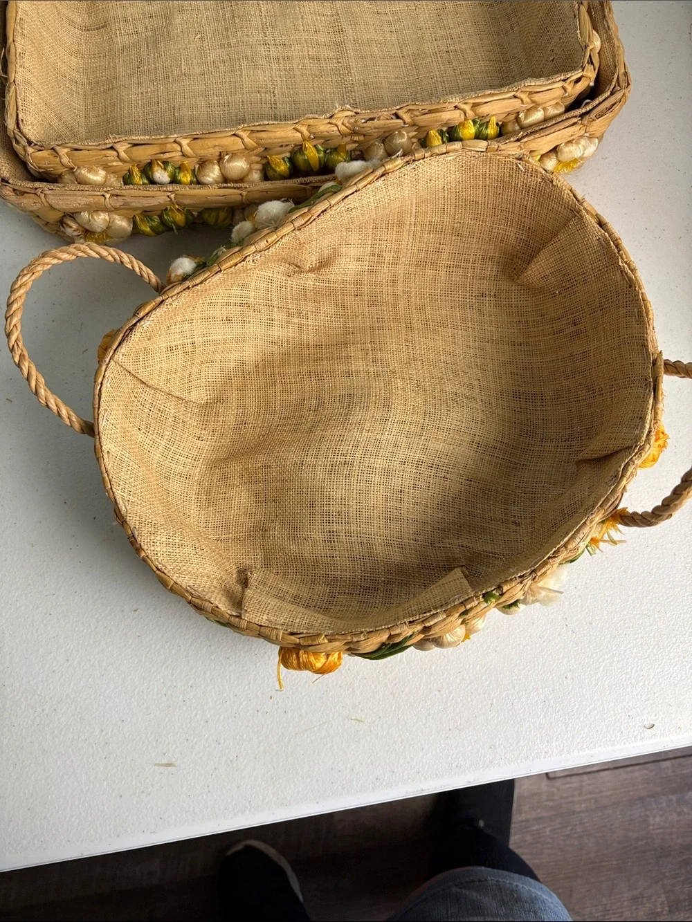 Set of 3 Vintage Handwoven Raffia and Seagrass Trays with Yellow Floral Accents